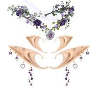 MOSTORY Ensemble d'accessoires de fée pour femmes - Couronne de fleurs lilas et oreilles d'elfe avec piercings, parure de tête de fée, ensemble d'oreilles de fée pour cosplay, accessoires de la