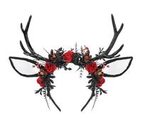 MOSTORY Serre-tête de cerf noir à fleurs - Serre-tête de renne gothique avec oreilles de cerf - Pour tenue Renaissance, renaissance, Halloween, cosplay