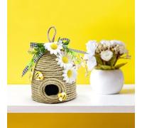MoSundi Décoration de ruche d'abeille pour la maison et le jardin, cabane en corde de chanvre naturel avec tournesol et ruban à carreaux, décoration de jardin rustique faite à la main, 12 x 10 cm A et