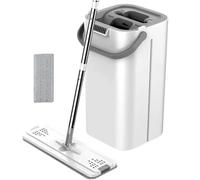 MoSundi Ensemble balai plat et seau mains libres pour une utilisation humide et sèche, design paresseux avec construction en ABS et tête pivotante, gris