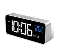 MOSUO Réveil Numérique, Horloge Digitale Réveil Miroir LED Aver Température/Snooze/ 2 Alarme, Luminosité et Son Réglable, Activation Sonore, Charge des Ports USB, Argent