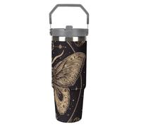 Moth - Gobelet de 887 ml avec paille, tasse de voyage isotherme en acier inoxydable avec poignée, tasse à café sous vide à double paroi, couvercle anti-fuite, garde les boissons chaudes/froides
