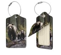 Mother Bear and Her Cubs Lot de 2 étiquettes de bagage en cuir synthétique avec boucle en acier inoxydable et carte d'adresse, étiquettes de bagages, étiquettes de voyage, étiquettes d'identification