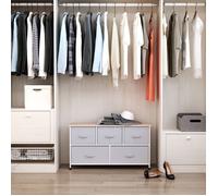 MOTHINESSTO634-Commode meuble de rangement 100 x 30 x 54 cm 5 tiroirs non-tissés gris structure acier blanc bois clair