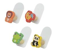 MOTHNUR 4 pièces Lot de Crochets Muraux Adhésifs Bois pour Chambre Garçon Fille Patères Murales Animaux Cartoon Grenouille Panda Lion Coq Petits Crochets sans Perçage pour Suspendre Sacs