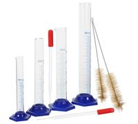 MOTHNUR Jeu de Cylindres Gradués en Plastique Bleu 10Ml 25Ml 50Ml 100Ml avec Compte-Gouttes Rouge et Brosses de Nettoyage - Kit de Mesure Précis pour Laboratoire Éducation et Usage