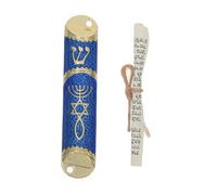 MOTHNUR Mezouzah Métallique avec Parchemin Sacré pour Cadre de Porte Décoration Juive Religieuse avec Fixation Facile Or et Bleu Vintage pour Bénédiction Maison