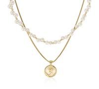 MOTIBACK Collier superposé pour femme, double couche de perles avec rose dorée, réglable de 40 + 5 cm, chaîne en cuivre plaqué or, bijou romantique et cadeau