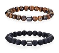 MOTIBACK Ensemble de bijoux pour homme avec bracelet œil de tigre de 8 mm et bracelets en pierre de lave, bracelet de perles en pierre naturelle extensible pour homme, Eine Grösse, Cuir, Pas de gemme
