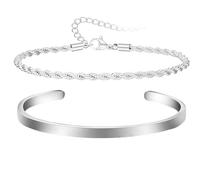 MOTIBACK Ensemble de bracelets pour homme - chaîne cubaine fine réglable et bracelet rigide ouvert en argent 925 pour homme garçon