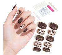 MOTIBACK Lot de faux ongles avec kit d'outils pour ongles - Ongles autocollants simples pour femme - Marron chocolat et léopard (plusieurs tailles au choix) (XS)