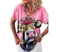 Motif Animal Femmes À Manches Courtes Col Rond Mode 3D Vache Lait Imprimé T-Shirt Highland Cow Shirt Dames Col V T-Shirt T-Shirt D’été Farm Life Tee Tops