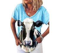 Motif Animal Femmes À Manches Courtes Col Rond Mode 3D Vache Lait Imprimé T-Shirt Highland Cow Shirt Dames Col V T-Shirt T-Shirt D’été Farm Life Tee Tops