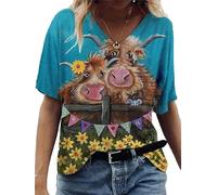 Motif Animal Femmes À Manches Courtes Col Rond Mode 3D Vache Lait Imprimé T-Shirt Highland Cow Shirt Dames Col V T-Shirt T-Shirt D’été Farm Life Tee Tops