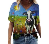 Motif Animal Femmes À Manches Courtes Col Rond Mode 3D Vache Lait Imprimé T-Shirt Highland Cow Shirt Dames Col V T-Shirt T-Shirt D’été Farm Life Tee Tops