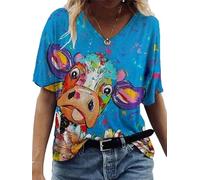 Motif Animal Femmes À Manches Courtes Col Rond Mode 3D Vache Lait Imprimé T-Shirt Highland Cow Shirt Dames Col V T-Shirt T-Shirt D’été Farm Life Tee Tops