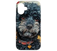 Motif Caniche Noir cœur et Fleurs Coque pour iPhone 16
