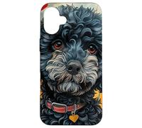 Motif Caniche Noir cœur et Fleurs Coque pour iPhone 16 Plus