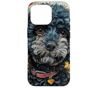 Motif Caniche Noir cœur et Fleurs Coque pour iPhone 16 Pro