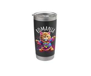 Motif chat dansant coloré et amusant en Roumanie Gobelet isotherme en acier inoxydable double paroi