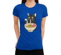 Motif chat Ramen - Motif chat noir amusant avec soupe de nouilles et smartphone Japan Food Design T-shirt pour femme, bleu, M
