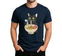 Motif chat Ramen - Motif chat noir amusant avec soupe de nouilles et smartphone Japan Food Design T-shirt pour homme, Bleu marine, S