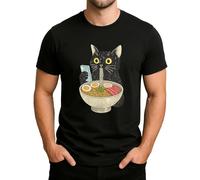 Motif chat Ramen - Motif chat noir amusant avec soupe de nouilles et smartphone Japan Food Design T-shirt pour homme, Noir , S