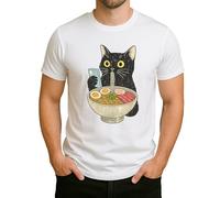 Motif chat Ramen - Motif chat noir amusant avec soupe de nouilles et smartphone Japan Food Design T-shirt pour homme, Blanc., 3XL