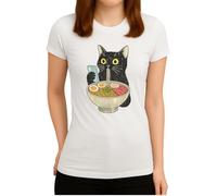Motif chat Ramen - Motif chat noir amusant avec soupe de nouilles et smartphone Japan Food Design T-shirt pour femme, Blanc., L