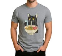 Motif chat Ramen - Motif chat noir amusant avec soupe de nouilles et smartphone Japan Food Design T-shirt pour homme, gris, L