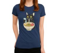 Motif chat Ramen - Motif chat noir amusant avec soupe de nouilles et smartphone Japan Food Design T-shirt pour femme, Bleu marine, 3XL
