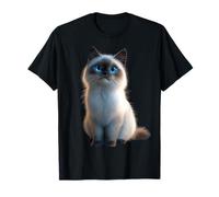 Motif Chat Sacré de Birmanie Birman - T-Shirt pour Femmes - Amatrices de Chats - Manches Courtes - Noir - Taille S - Coupe Classique - Col U - Motif Chat Birman