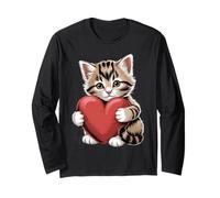 Motif Chaton Tenant Un cœur Adorable pour Les Amoureux des Chats Manche Longue