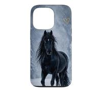 Motif Cheval Noir Neige forêt Hiver Paysage Coque pour iPhone 13 Pro