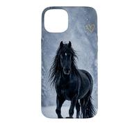 Motif Cheval Noir Neige forêt Hiver Paysage Coque pour iPhone 15 Plus