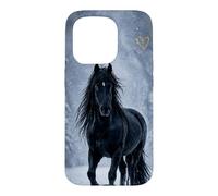 Motif Cheval Noir Neige forêt Hiver Paysage Coque pour iPhone 15 Pro
