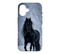 Motif Cheval Noir Neige forêt Hiver Paysage Coque pour iPhone 16