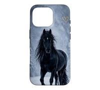 Motif Cheval Noir Neige forêt Hiver Paysage Coque pour iPhone 16 Pro