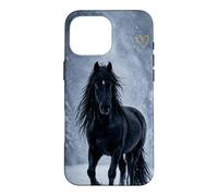 Motif Cheval Noir Neige forêt Hiver Paysage Coque pour iPhone 16 Pro Max