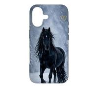 Motif Cheval Noir Neige forêt Hiver Paysage Coque pour iPhone 17