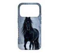 Motif Cheval Noir Neige forêt Hiver Paysage Coque pour iPhone 17 Pro