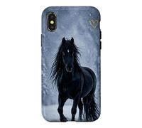 Motif Cheval Noir Neige forêt Hiver Paysage Coque pour iPhone X/XS