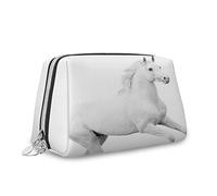 Motif cheval, trousse de maquillage, sac à cosmétiques, étalon blanc, cheval qui court, organisateur en cuir, trousse de toilette réutilisable, blanc noir, S, Blanc Noir_12, Taille unique, Trousse de