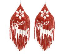 Motif de cerf bohème perle de rocaille Long gland boucles d'oreilles pour femmes, rouge et blanc tissé frange boucles d'oreilles, bijoux de déclaration de vacances d'été