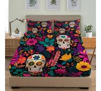 Motif de CrâNe du Jour des Morts 3 Pièces Drap Housse 90x190 cm Poche Profonde 30 cm en Microfibre Douce Parure de Lit, Coloré Draps Housses pour Enfant & Adulte Décoration de la Chambre
