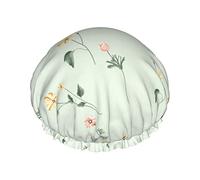 Motif de fleurs épanouies sur des bonnets de douche verts, bonnets de bain imperméables Bonnets de douche réutilisables en plastique Bande élastique Chapeau de cheveux de bain pour femmes Dames Spa