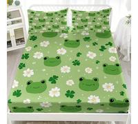 Motif de Grenouille Mignon Parure de Lit Adulte & Enfant Microfibre Extra Doux Drap Housse 90x190 cm, 30 cm Poche Profonde, Vert Confortable et Respirant Drap Housse 2 Personnes