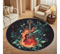Motif de Guitare à Flammes Tapis Rond 120 cm Intérieur & Extérieur Doux Antidérapant Lavable en Machine, Noir Tapis Décoratif de Style Moderne pour Salon Chambre Salle à Manger