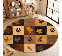 Motif De Patchwork Empreinte D’Ours Feuilles Tapis de Salon Rond 120 cm Poil Court Fin Doux Léger Résistant, Brun Tapis de Chambre Rond Lavable en Machine pour Salle à Manger et Bureau Moquette