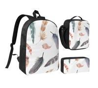 Motif de plumes aquarelle dessiné à la main, personnalité décorative vintage,Ensemble de 3 sacs à dos, sac à lunch et trousse pour étudiant